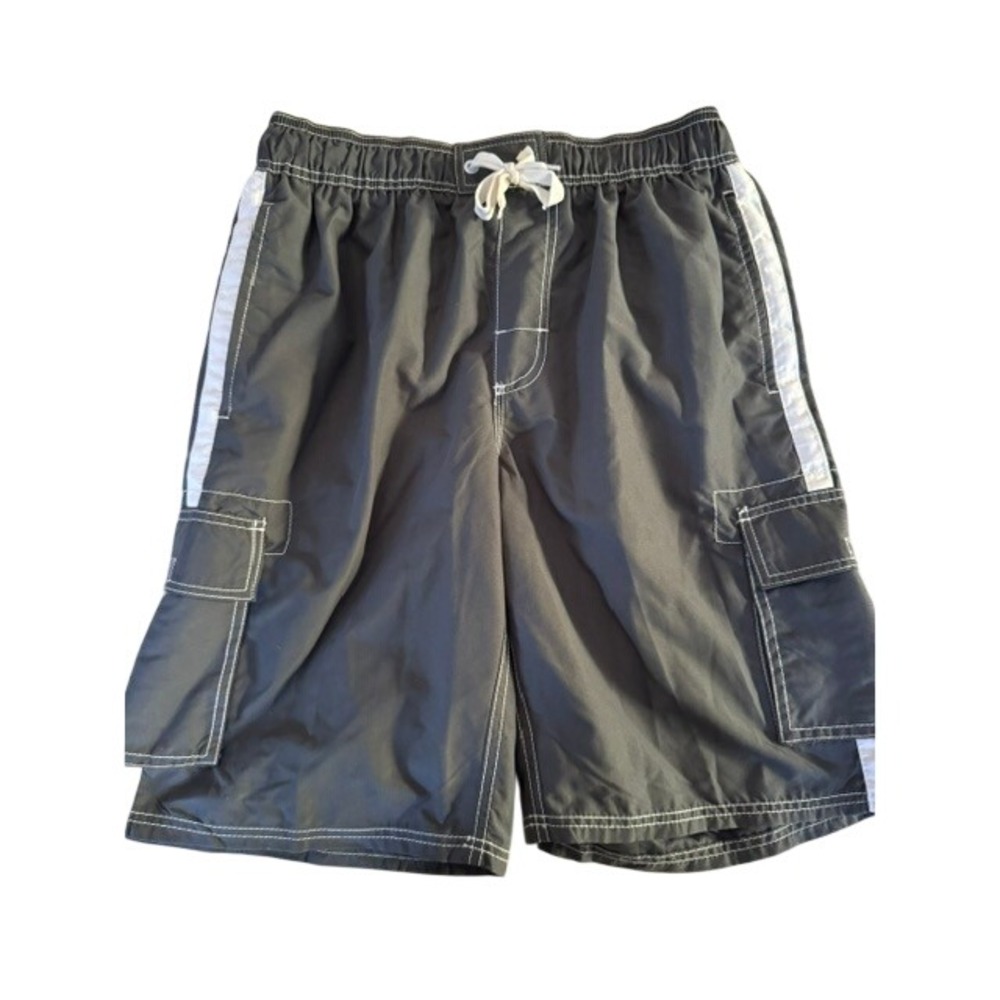 Kanu Surf Mens Gray Cargo Board Shorts Swim Trunks Size Medium Gray White Stripe